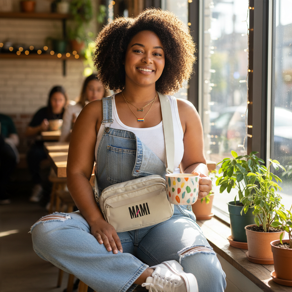 Flaunt It Mami premium beige crossbody bag worn by a smiling woman in denim overalls sitting in a cafe