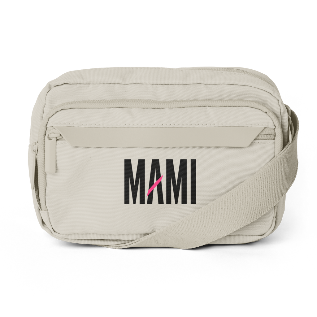 Flaunt It Mami premium beige urban crossbody bag with black wordmark and adjustable strap, made from recycled fabric.