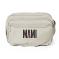 Flaunt It Mami premium beige urban crossbody bag with black wordmark and adjustable strap, made from recycled fabric.