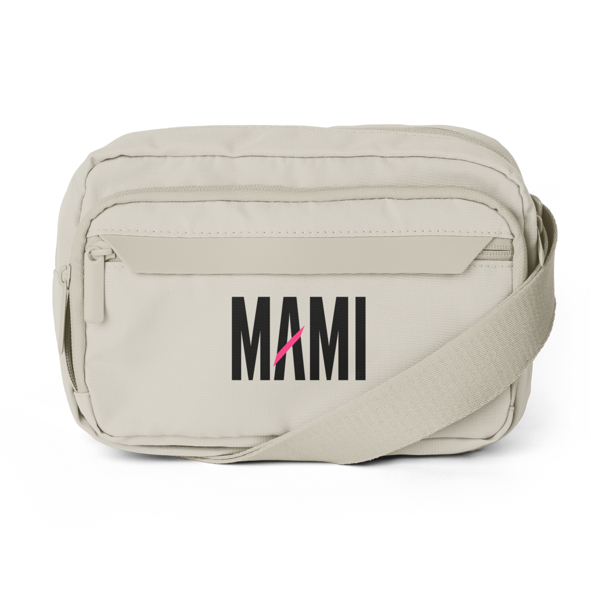 Flaunt It Mami premium beige urban crossbody bag with black wordmark and adjustable strap, made from recycled fabric.