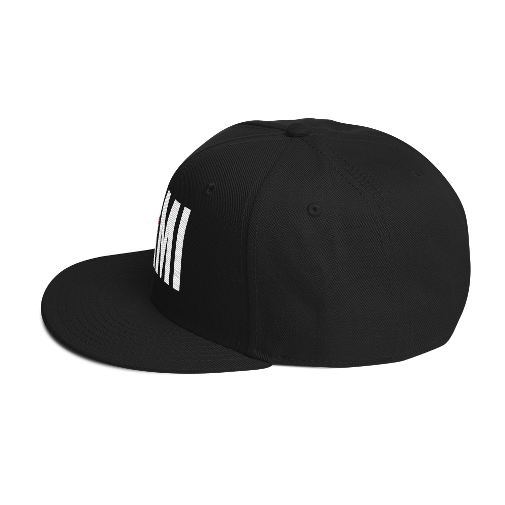 Flaunt It black structured snapback hat with white MAMI embroidery and a flat brim, side view.