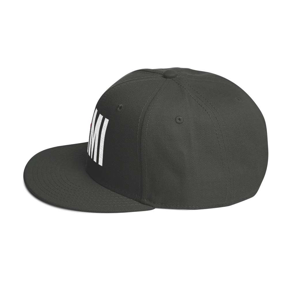 Flaunt It black structured snapback hat with white MAMI embroidery and a flat brim
