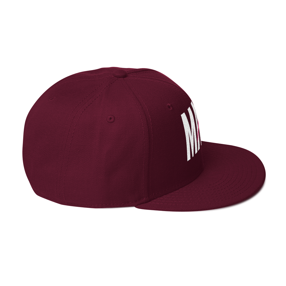 Flaunt It Mami embroidered snapback hat in burgundy with white text and a flat brim, side profile view.