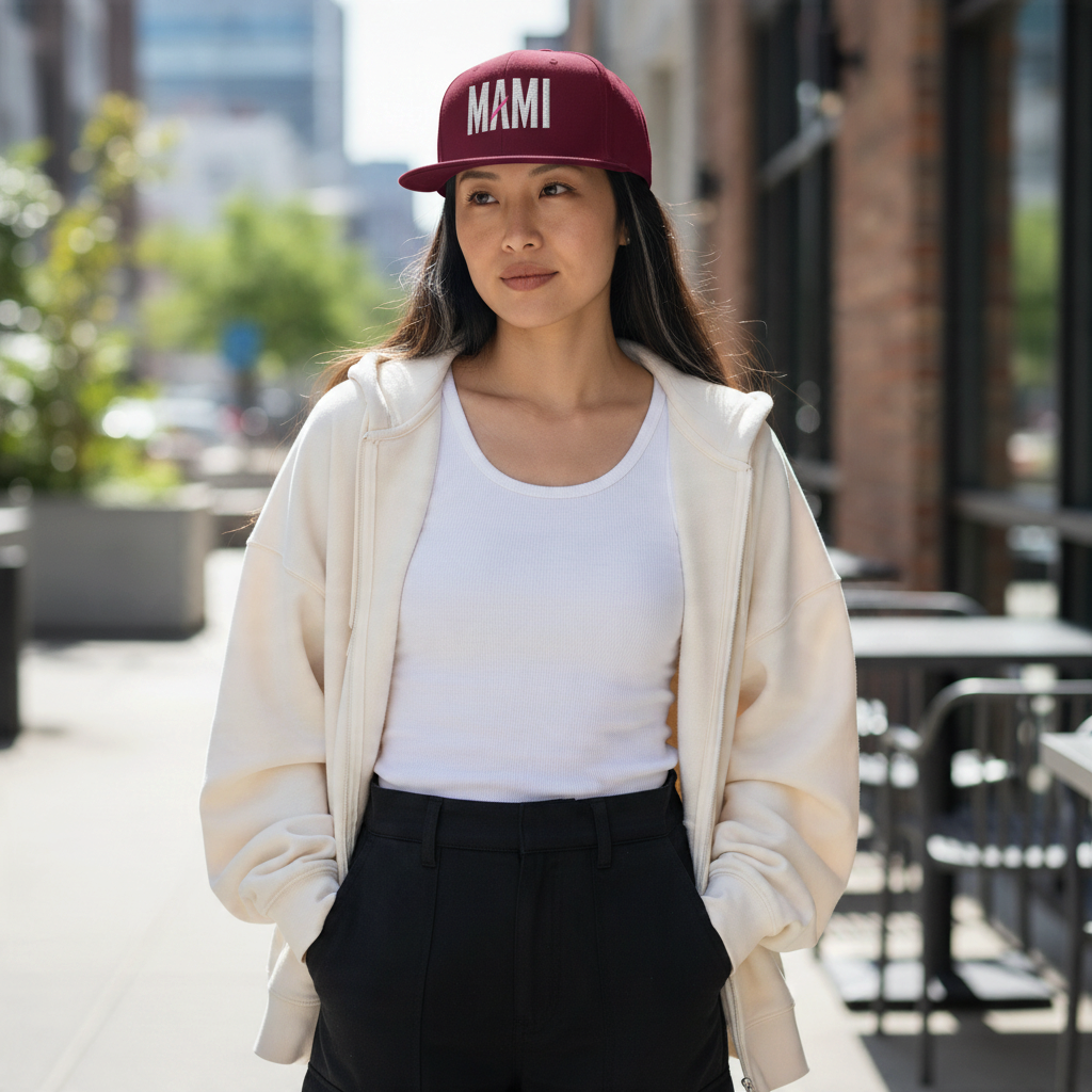 Woman wearing a burgundy Flaunt It snapback with MAMI embroidered in white thread, paired with a cream zip-up hoodie.