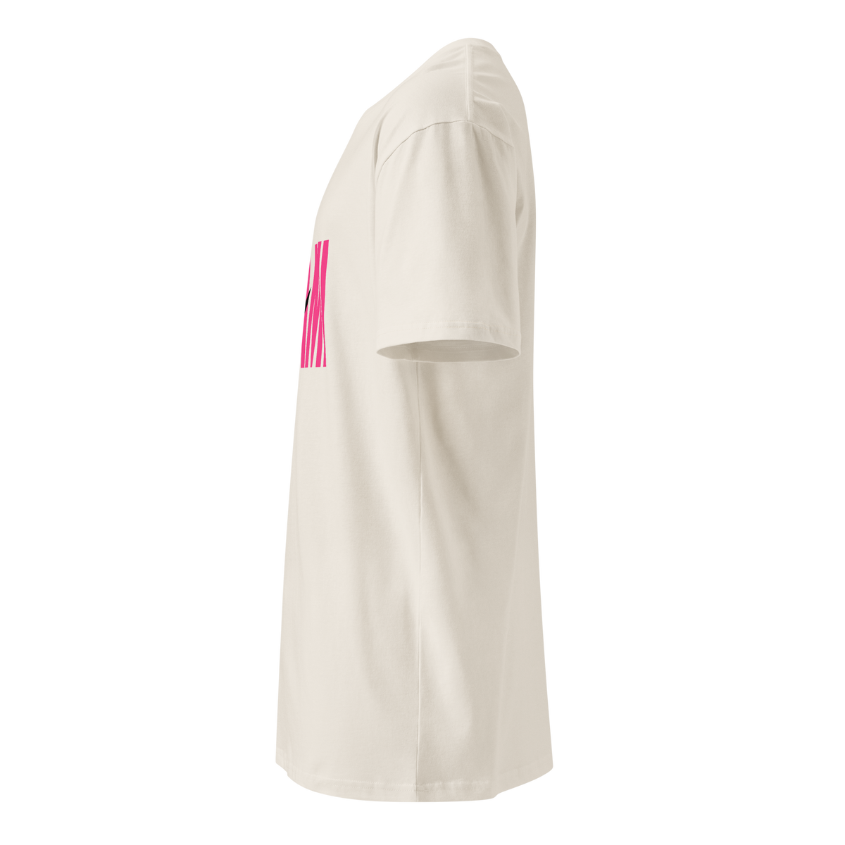Flaunt It Mami premium unisex cotton tee in off-white with pink MAMI graphic, side view