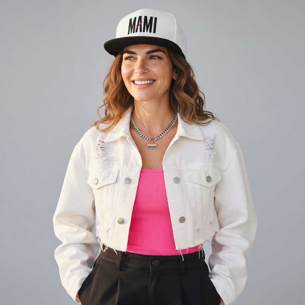 Flaunt It Mami embroidered snapback hat with white crown and black brim worn by a smiling woman in a white jacket.