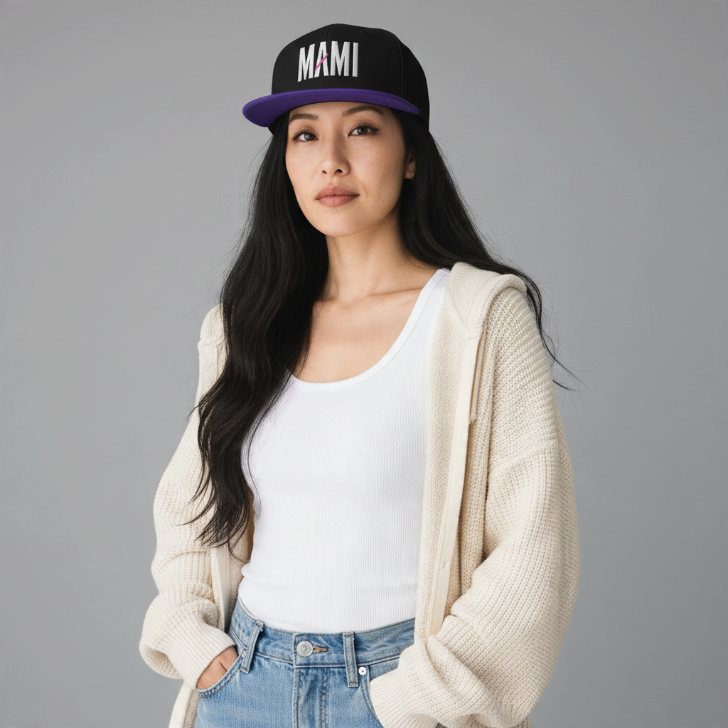 Flaunt It Mami embroidered snapback hat in black with a purple brim worn by a woman in a white tank top and cardigan.