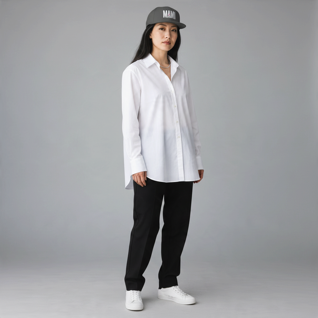 Woman wearing a Flaunt It grey structured snapback with MAMI embroidery and a crisp white button-down shirt