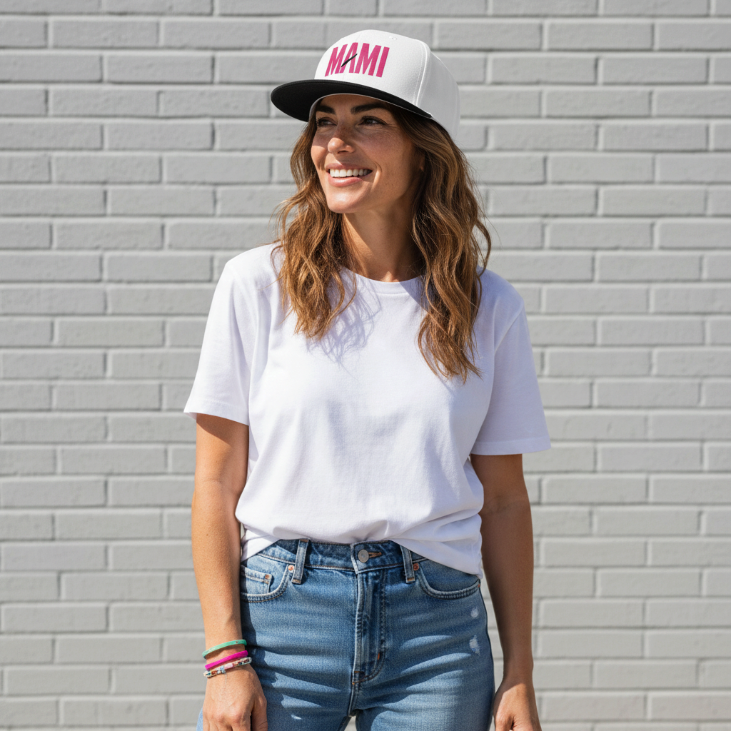 Flaunt It Mami embroidered snapback hat with pink text on a white cap, worn by a smiling woman against a brick wall.
