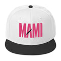 Flaunt It Mami embroidered snapback hat in white with a black brim and pink MAMI text featuring a diagonal slash.