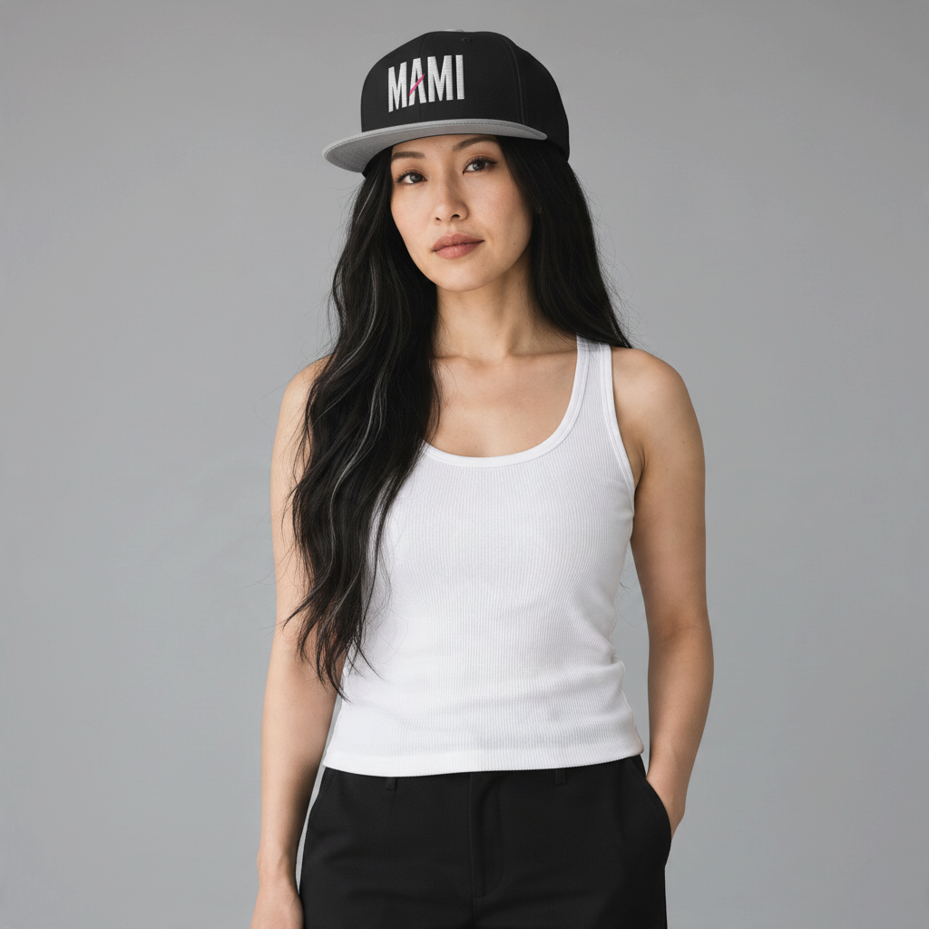 Flaunt It Mami embroidered black snapback hat with white thread and grey under visor worn by a woman in a white tank