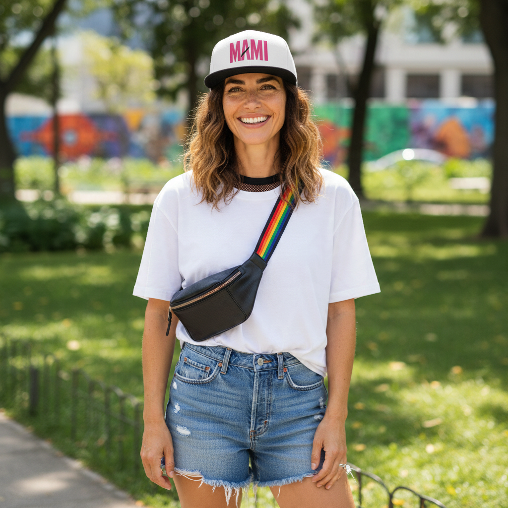 Flaunt It Mami embroidered snapback hat with pink text on a woman wearing a white t-shirt and denim shorts in a park.