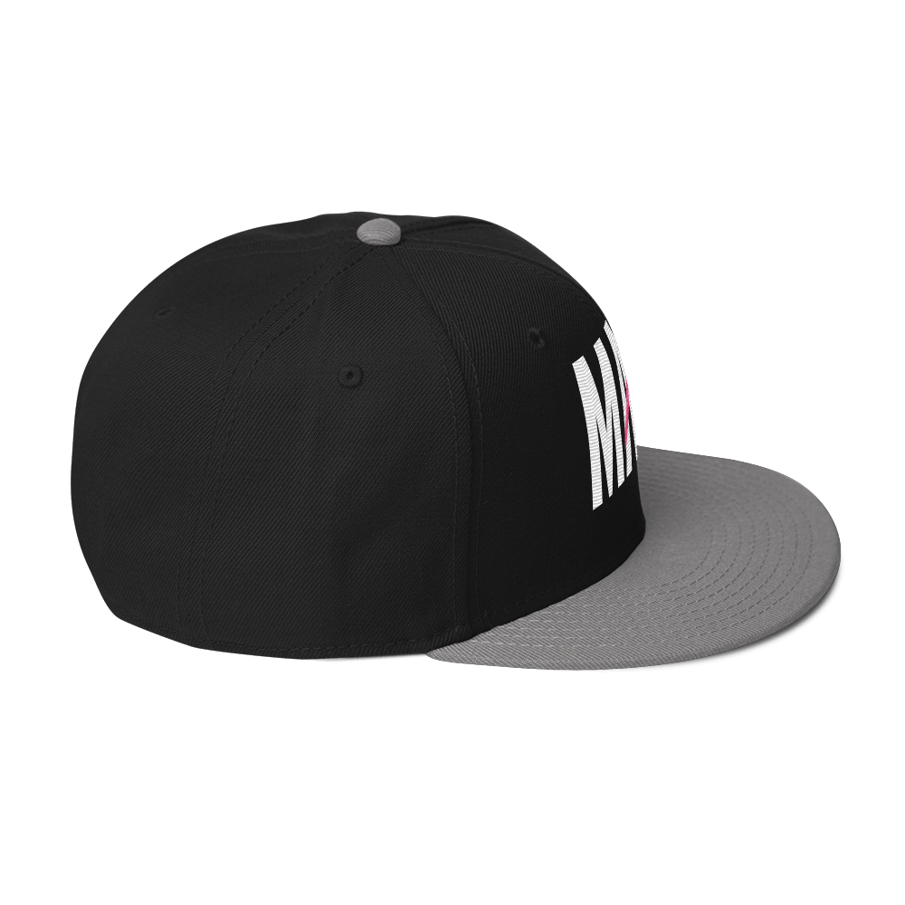 Flaunt It Mami embroidered black snapback hat with a grey flat brim and white thread lettering.
