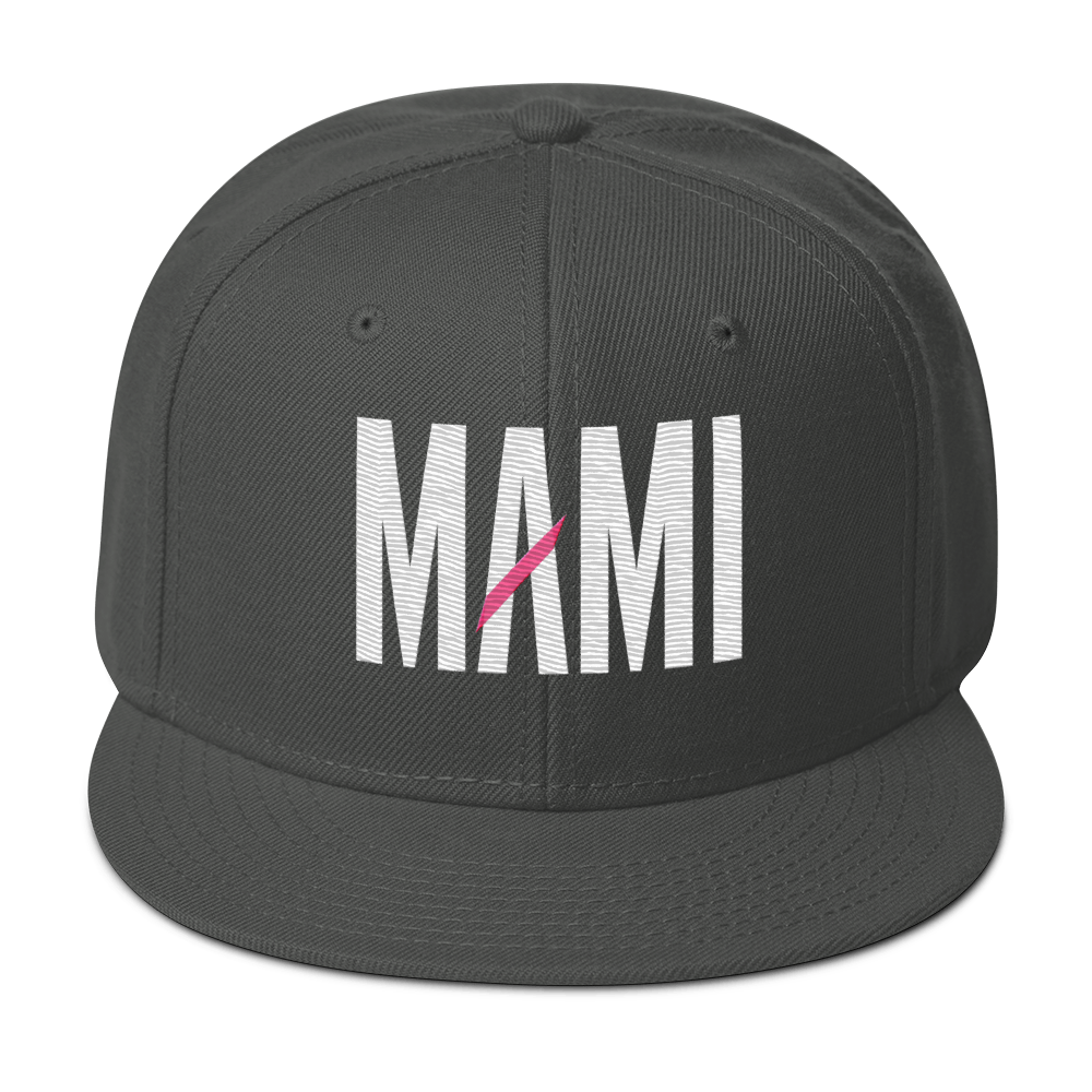 Flaunt It Mami embroidered snapback hat in black with white lettering and a pink diagonal slash on the front.