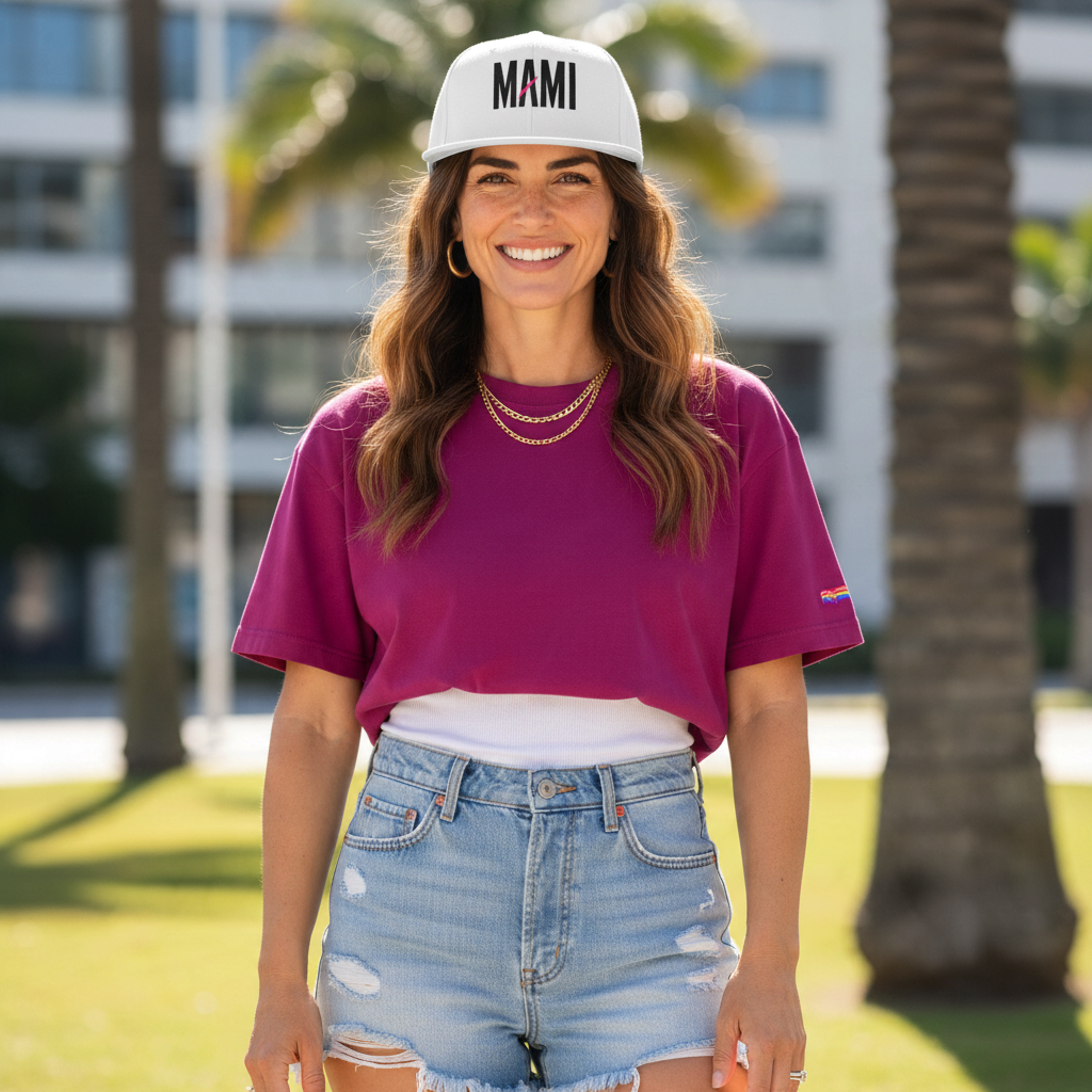 Flaunt It Mami embroidered white snapback hat worn by a smiling woman in a purple t-shirt and denim shorts outdoors