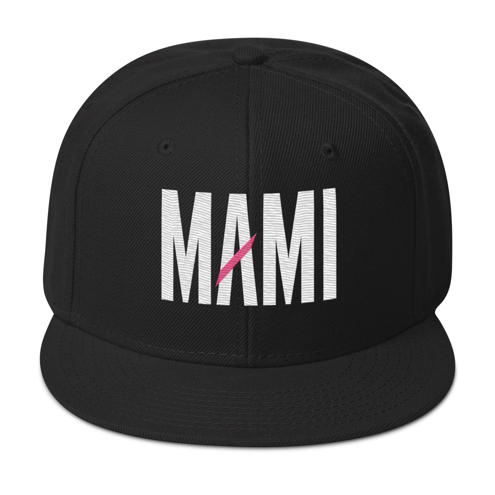 Flaunt It black structured snapback hat with white MAMI embroidery and a pink diagonal slash detail on the front.