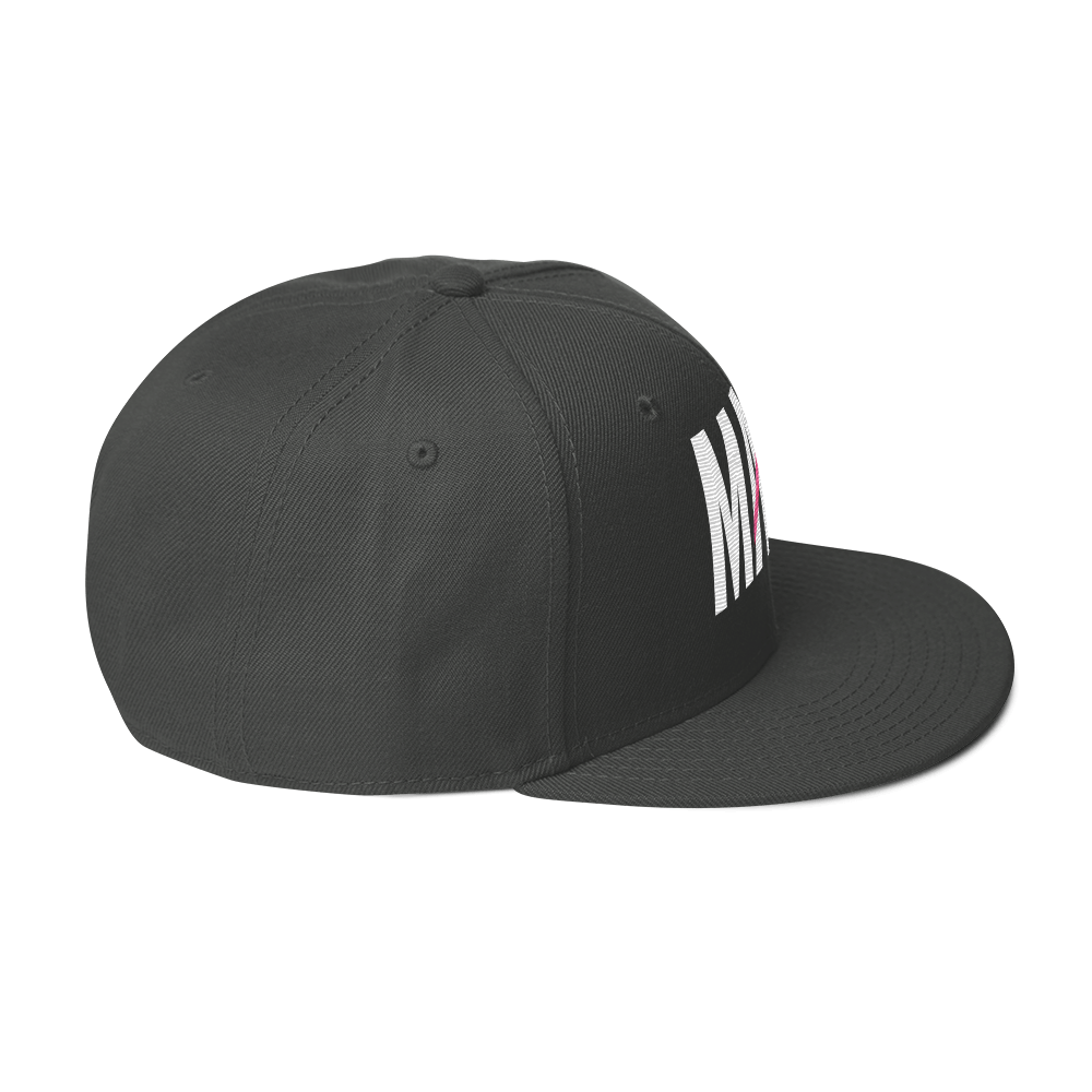 Flaunt It Mami embroidered black snapback hat with a flat brim and white text featuring a diagonal slash detail.