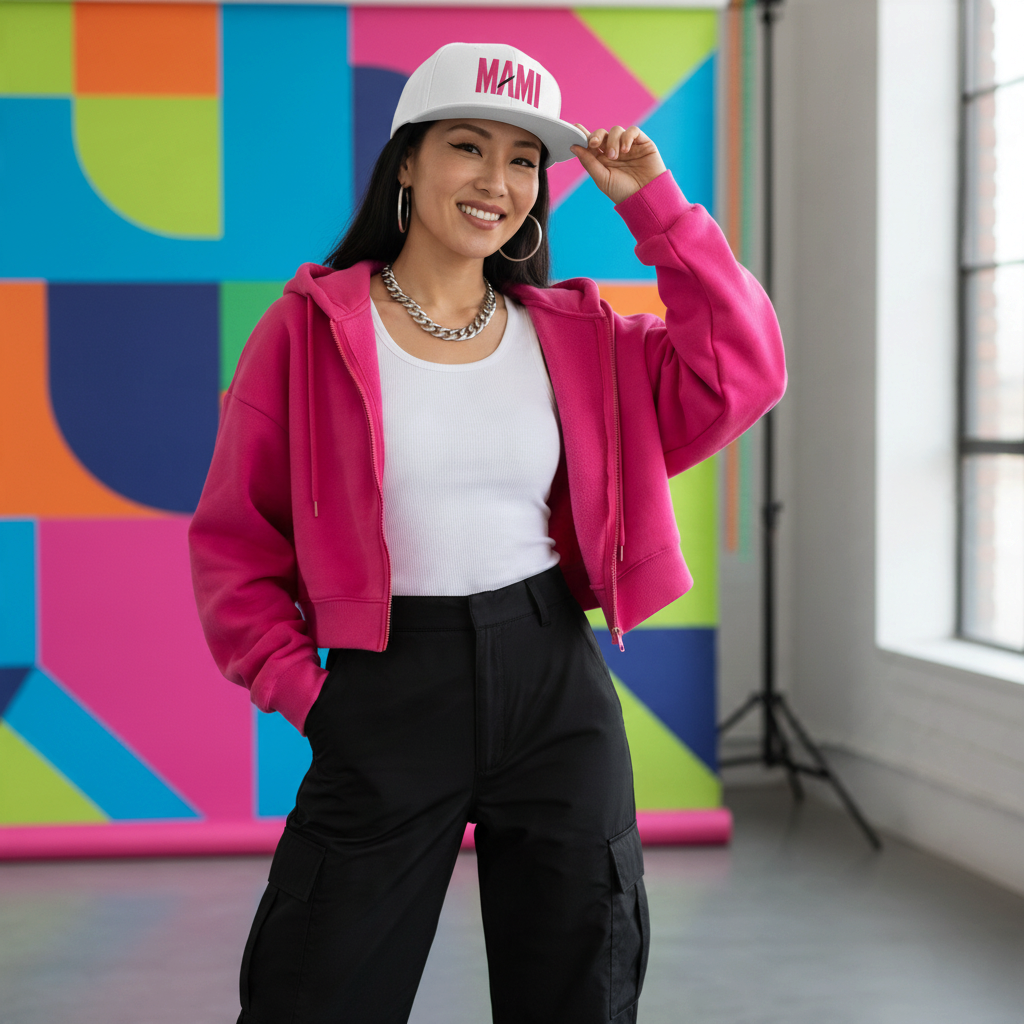 Flaunt It Mami embroidered white snapback hat with pink lettering worn by a woman in a bright pink zip-up hoodie.