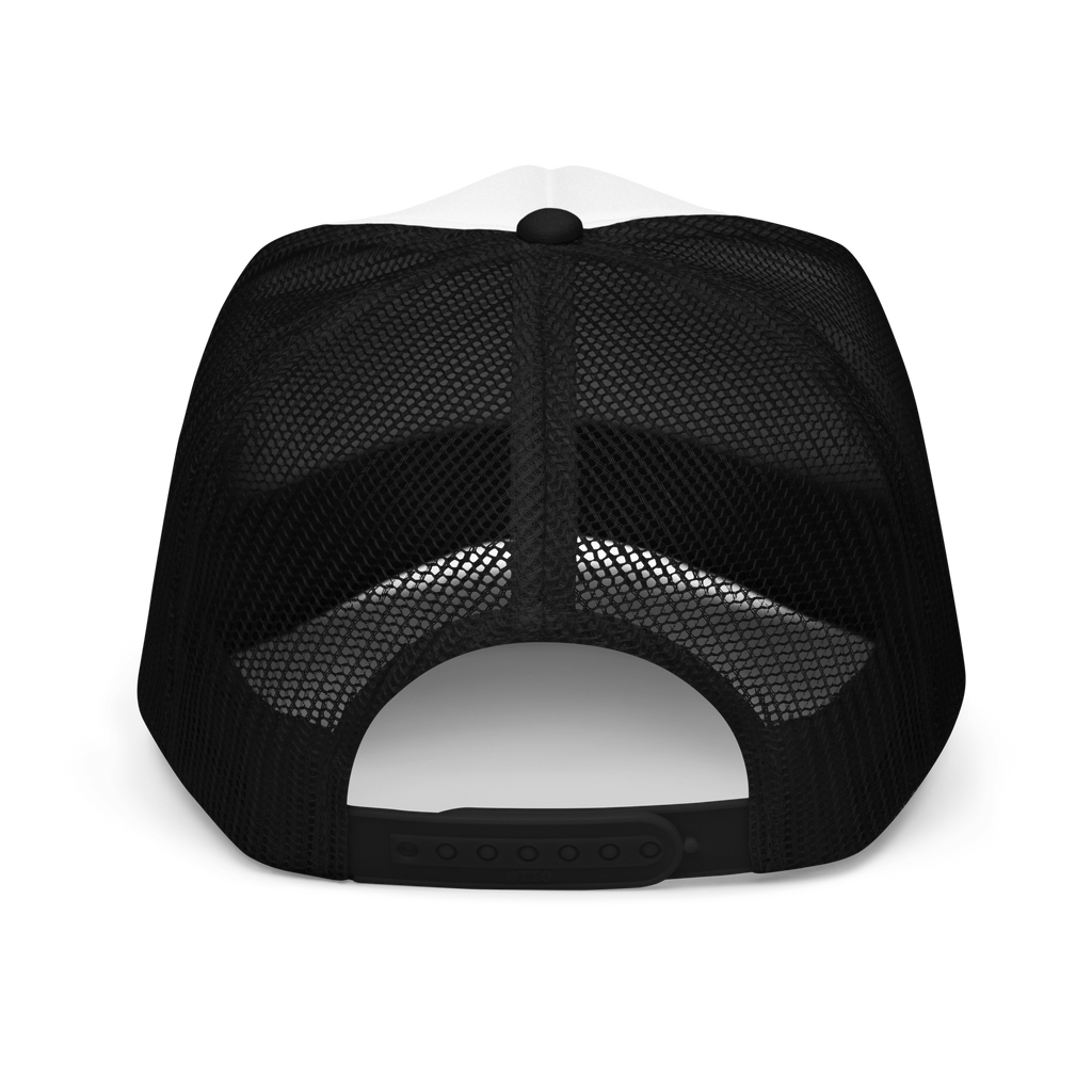 Flaunt It Mami Premium unisex foam trucker hat back view featuring black mesh panels and an adjustable snap closure.