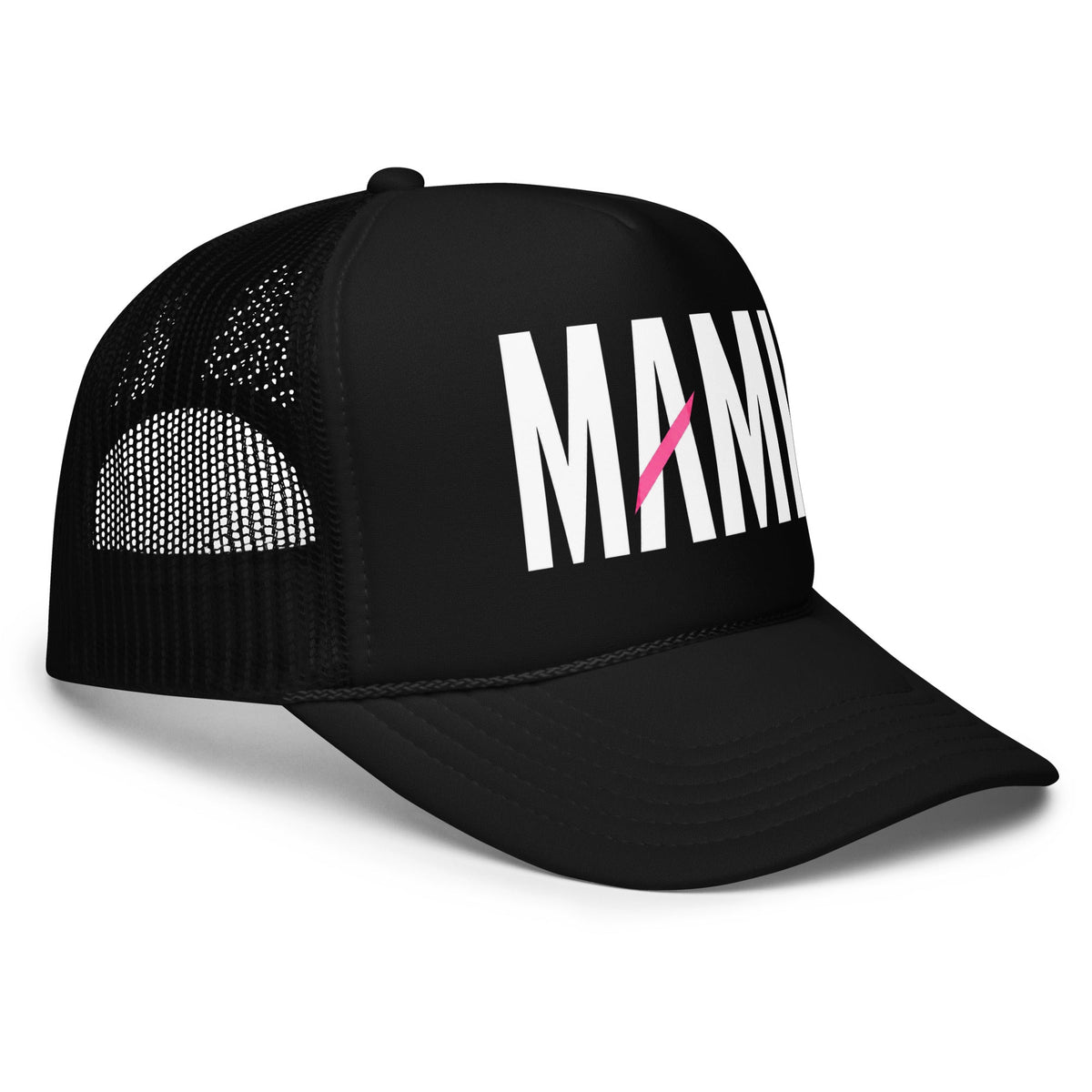 Flaunt It black foam trucker hat with white MAMI text and a pink diagonal slash on the structured front panel.