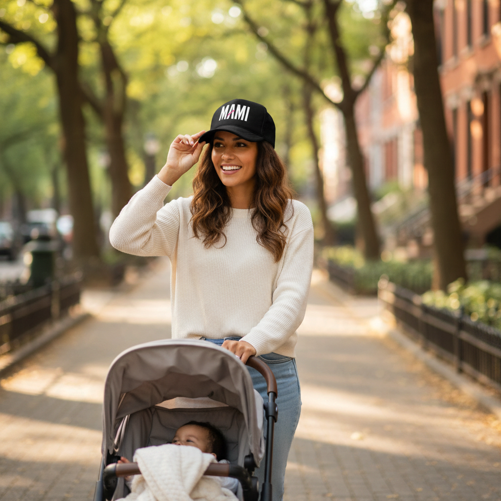 Flaunt It Mami foam trucker hat in black with white text worn by a smiling woman pushing a stroller on a city street.