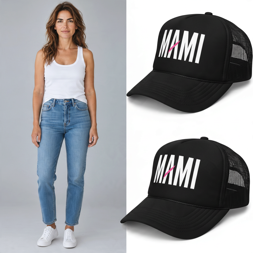 Flaunt It Mami foam trucker hat in black with white text and pink slash detail, shown on a model and as a product shot