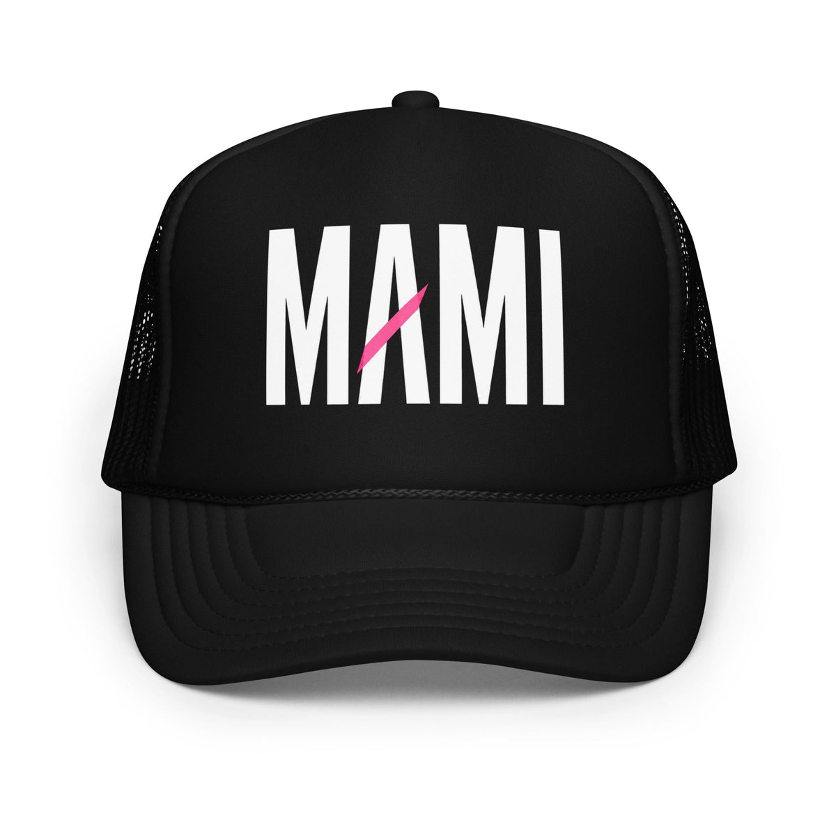 Flaunt It Mami foam trucker hat in black with white text and a pink diagonal slash on the front panel