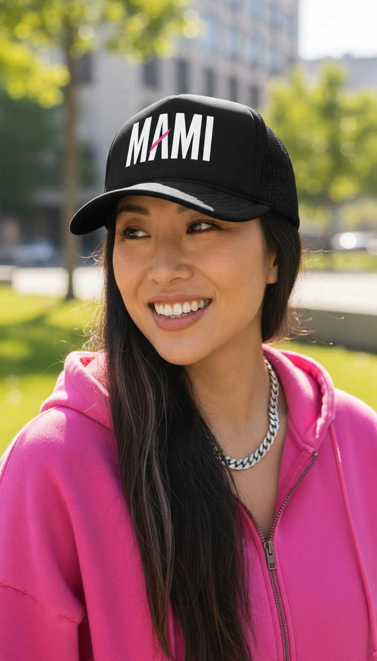 Flaunt It Mami foam trucker hat in black with white text and pink slash, worn by a woman in a pink hoodie outdoors.