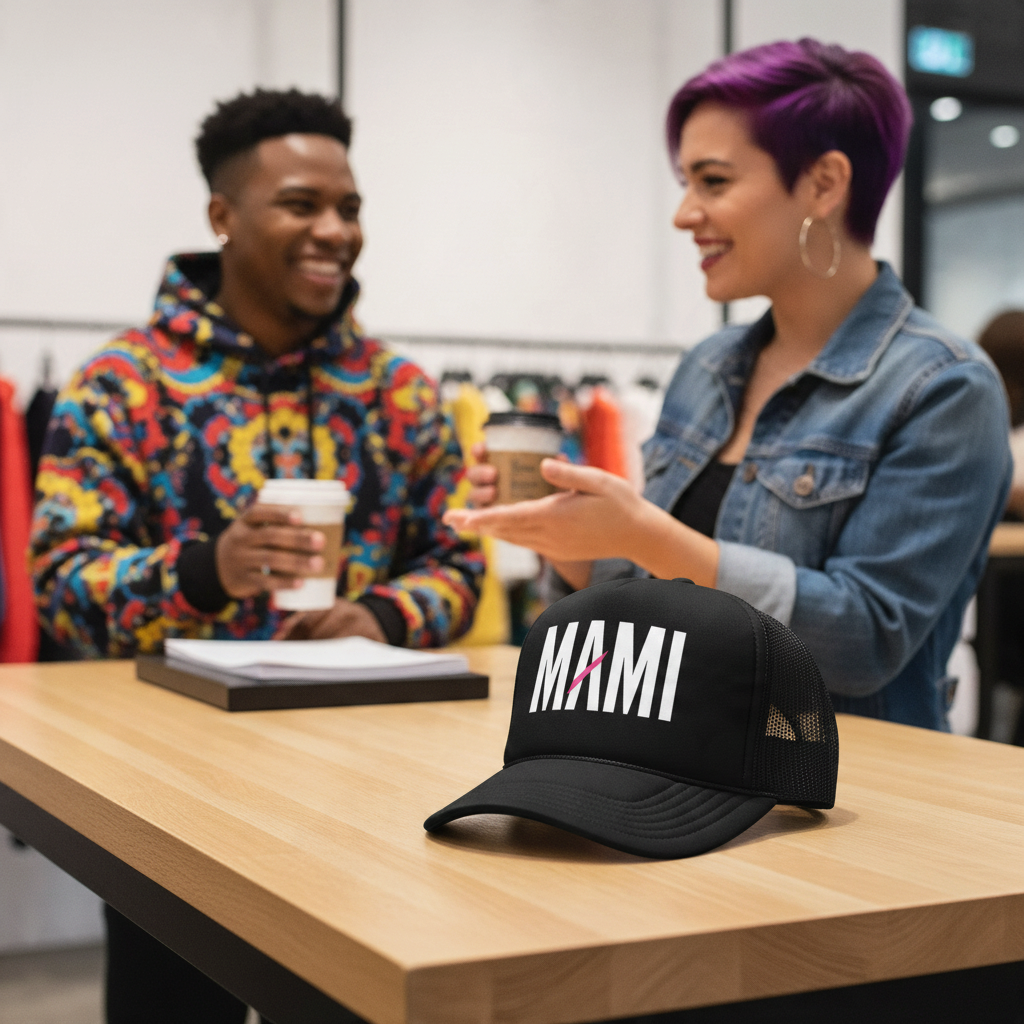 Flaunt It Mami foam trucker hat in black with white text and pink slash detail sitting on a wooden cafe table