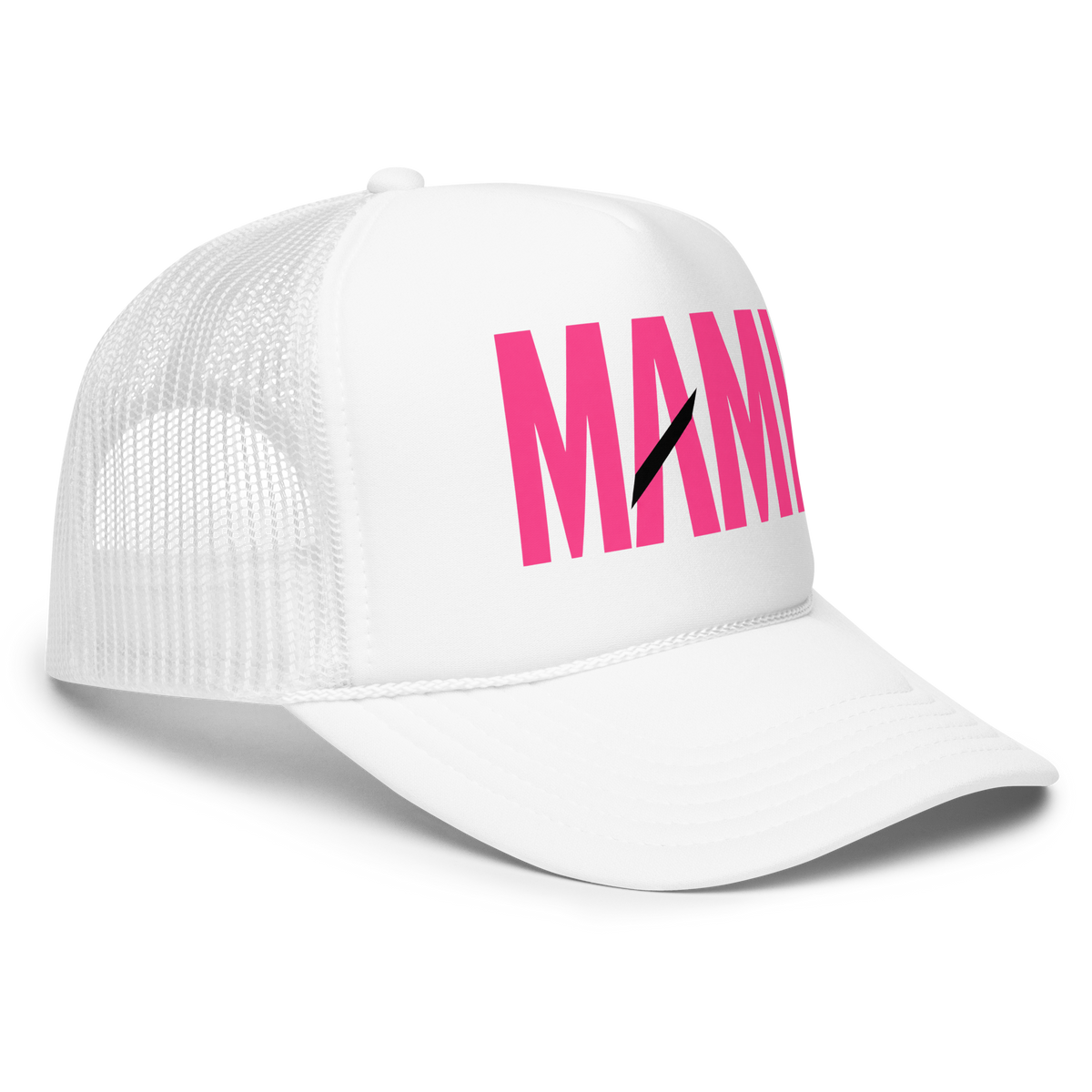 Flaunt It Mami premium unisex foam trucker hat in white with bold pink MAMI text and a black diagonal slash detail.