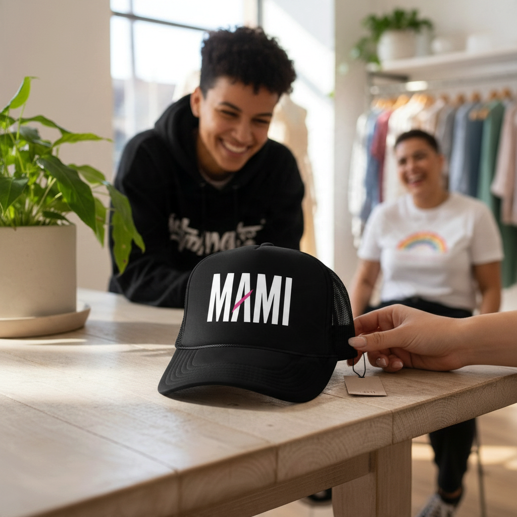 Flaunt It Mami foam trucker hat in black with white text and a pink diagonal slash on a wooden table in a boutique.