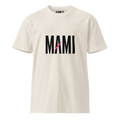 Flaunt It Mami premium unisex crew neck tee in off-white cotton with bold black MAMI text and a pink diagonal slash.