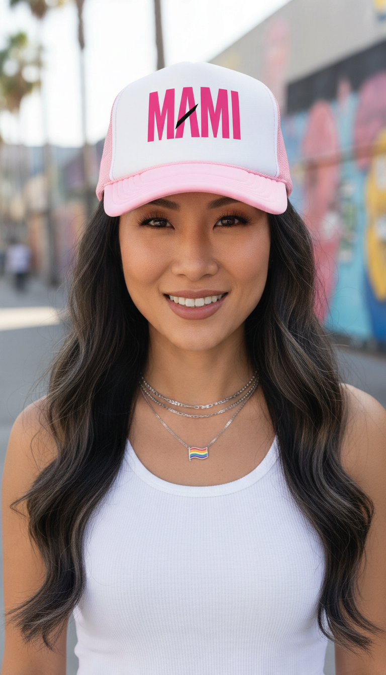 Flaunt It pink and white Mami foam trucker hat with mesh back worn by a woman outdoors.