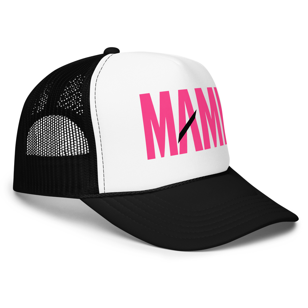Flaunt It Mami premium unisex foam trucker hat in white and black with pink MAMI text on the front panel.