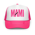 Flaunt It Mami premium unisex foam trucker hat in pink and white with MAMI text printed on the front panel.