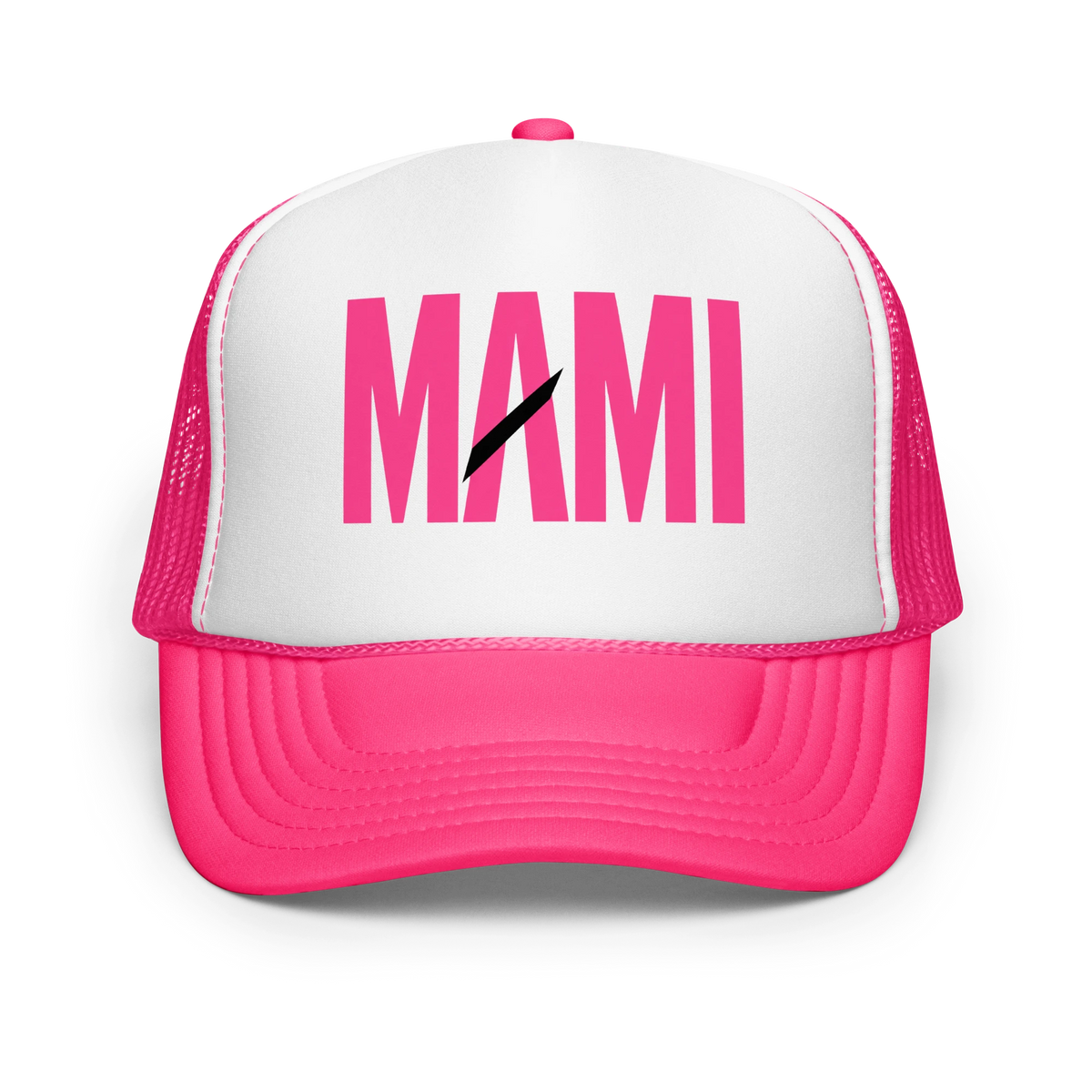 Flaunt It Mami premium unisex foam trucker hat in pink and white with MAMI text printed on the front panel.