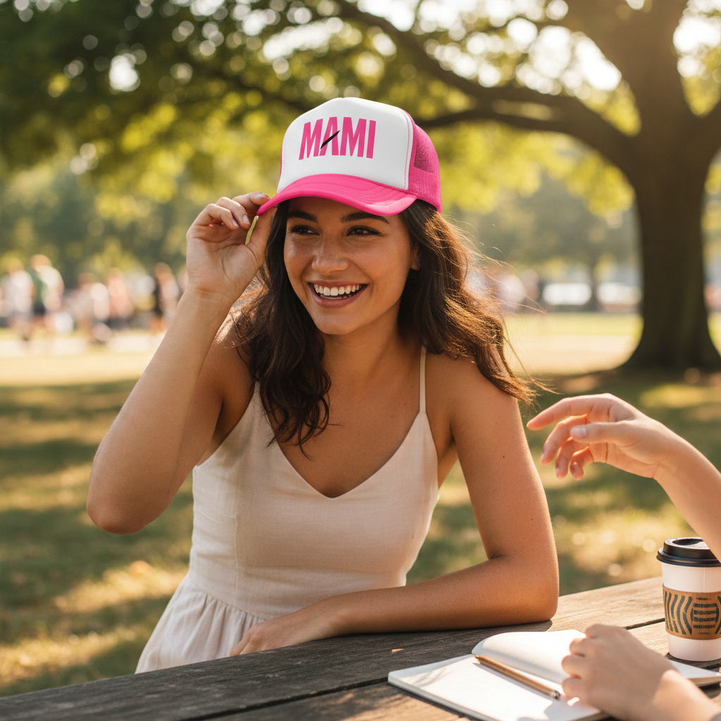 Flaunt It Mami premium pink foam trucker hat with mesh back worn by a smiling woman at an outdoor park table