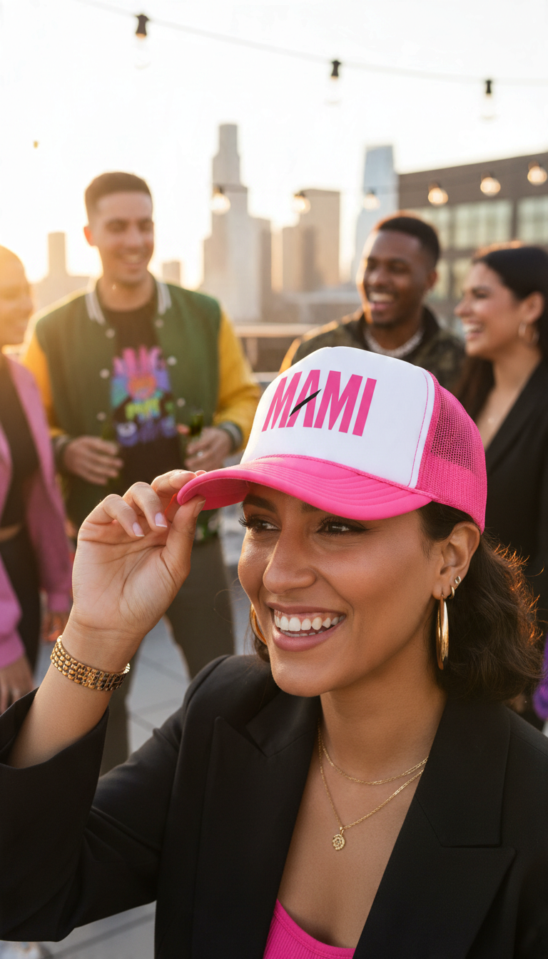 Flaunt It pink and white MAMI foam trucker hat worn by a smiling woman at an outdoor rooftop party.
