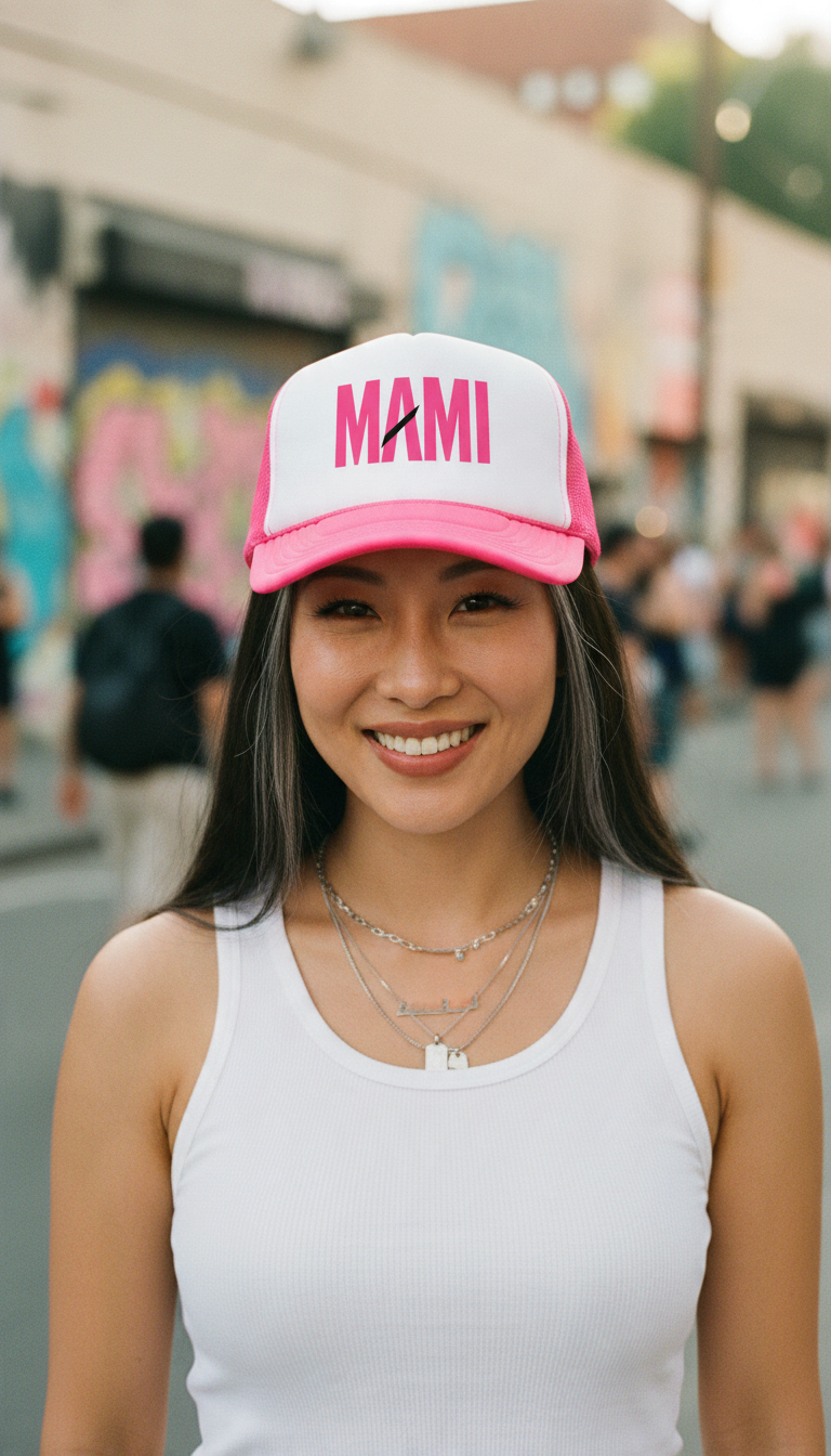 Flaunt It Mami premium foam trucker hat in pink and white with a structured front panel and breathable mesh back.