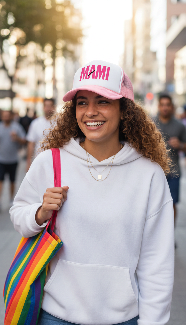 Flaunt It pink MAMI foam trucker hat with mesh back worn by a smiling woman with curly hair on a city street.