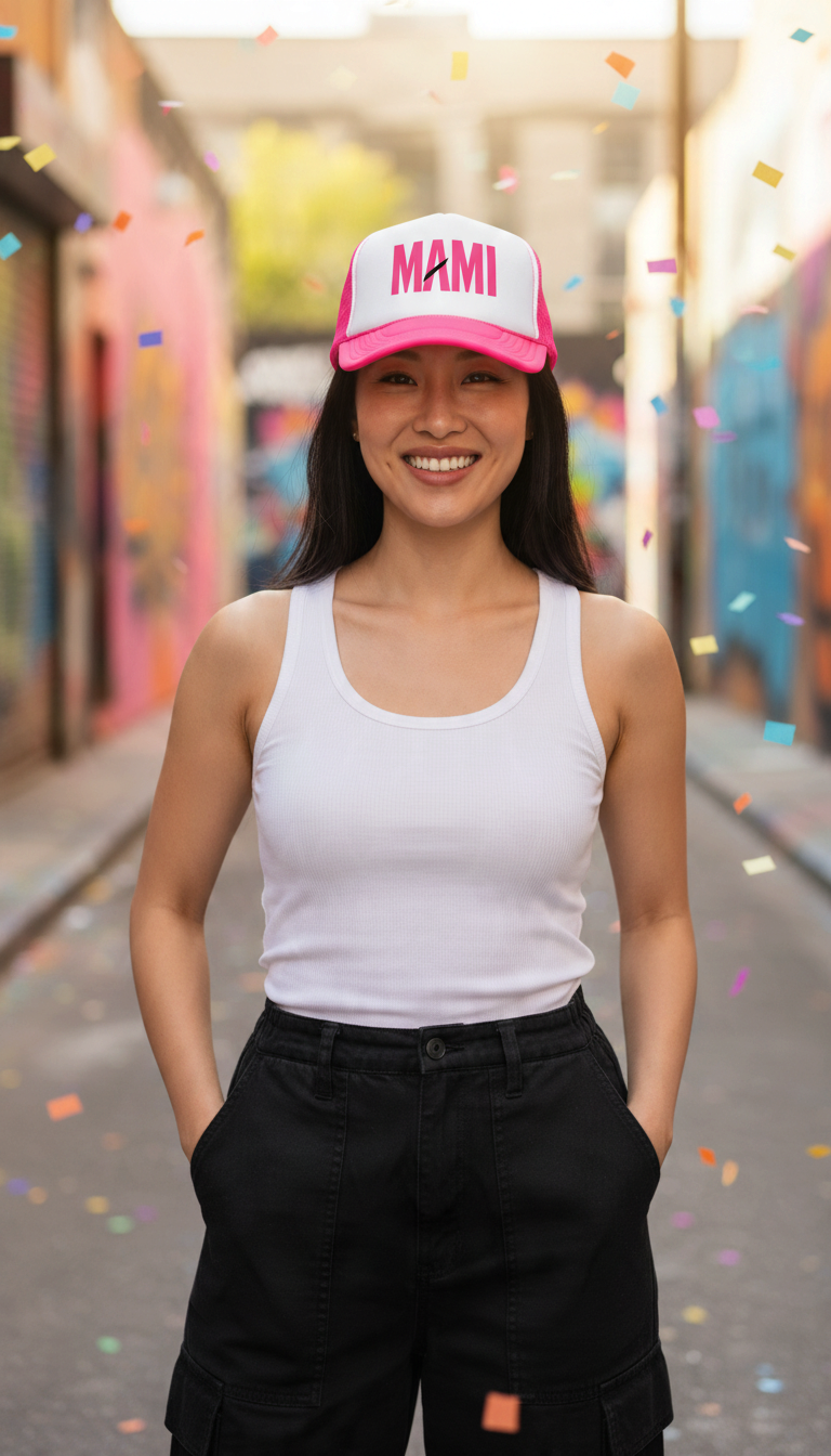 Flaunt It pink and white MAMI foam trucker hat worn by a smiling woman in an urban street setting with confetti
