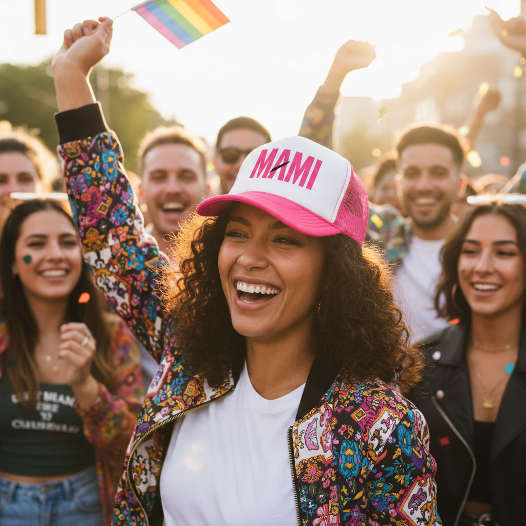 Flaunt It pink Mami foam trucker hat worn by a smiling woman at a sunny outdoor festival with a rainbow flag.