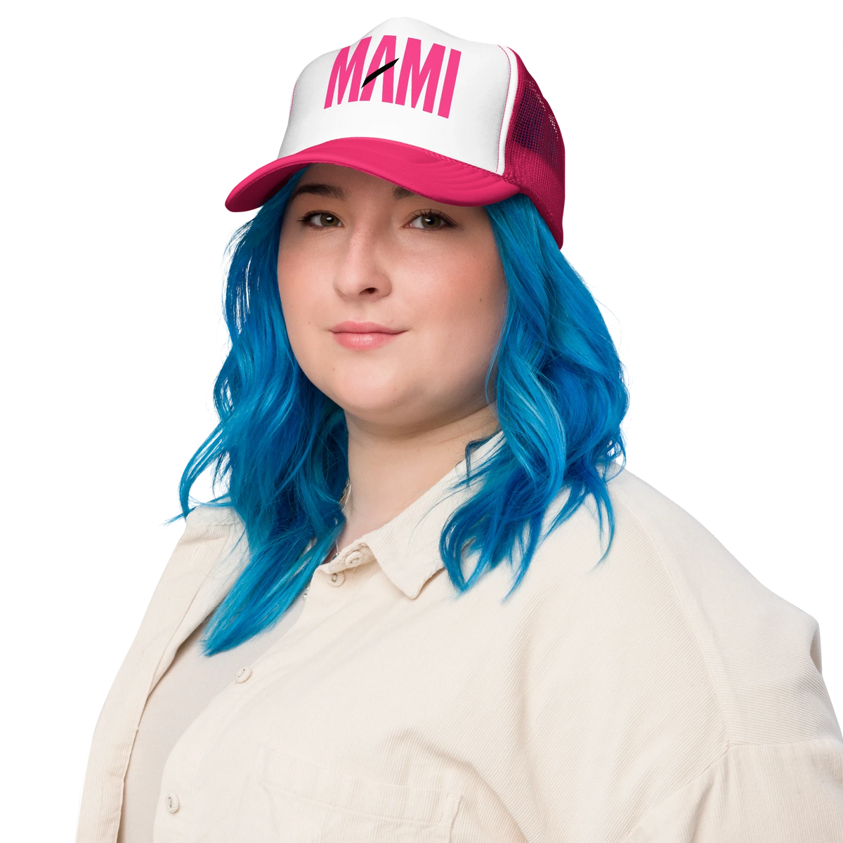 Flaunt It Mami premium unisex foam trucker hat in pink ink with a structured front panel and breathable mesh back.