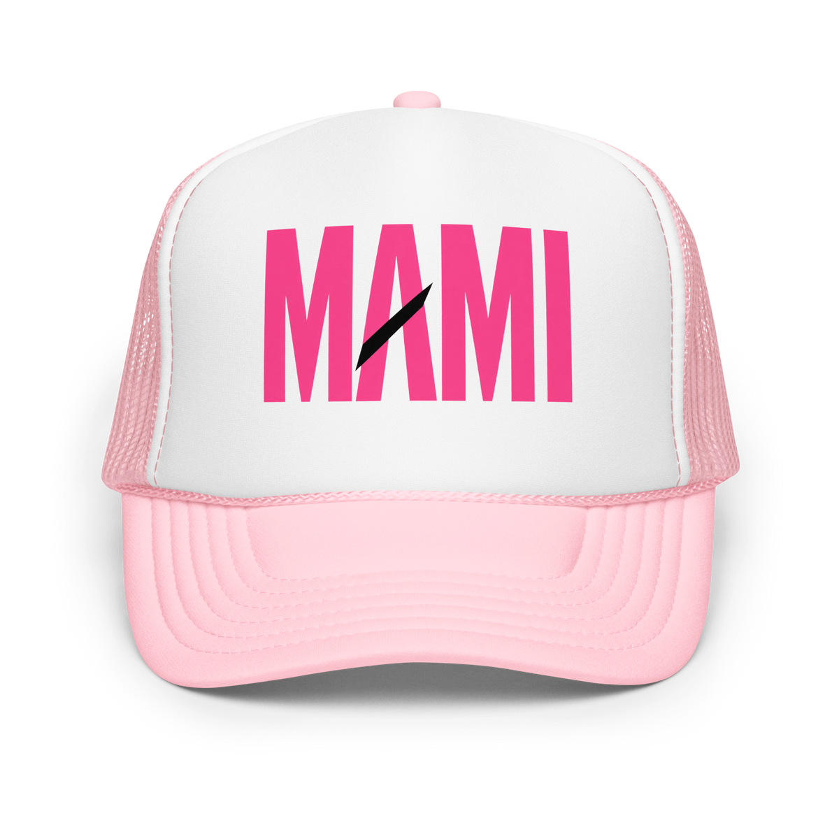 Flaunt It Mami premium unisex foam trucker hat in pink and white with a structured front panel and mesh back.