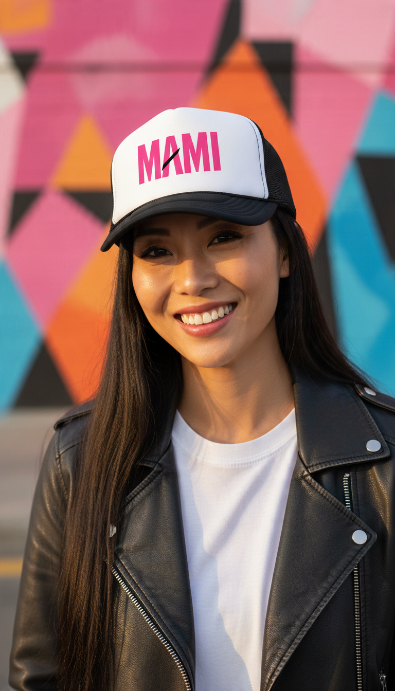 Flaunt It Mami premium unisex foam trucker hat in pink ink with a structured white front panel and black mesh back.