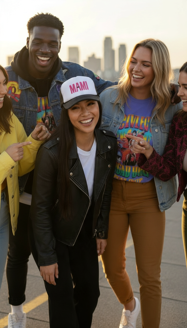 Flaunt It Mami premium unisex foam trucker hat in pink ink worn by a smiling woman with a black leather jacket