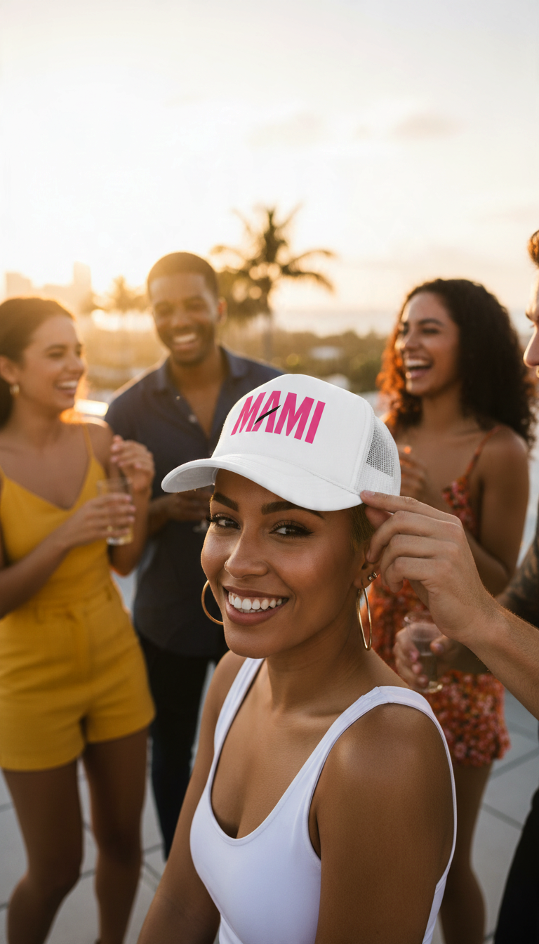 Flaunt It Mami premium foam trucker hat in white with pink ink text, worn by a smiling woman at an outdoor party.