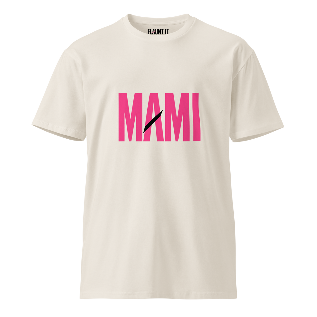 Flaunt It premium unisex crew neck tee in off-white cotton with pink MAMI graphic print and black diagonal slash.