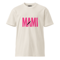 Flaunt It premium unisex crew neck tee in off-white cotton with pink MAMI graphic print and black diagonal slash.