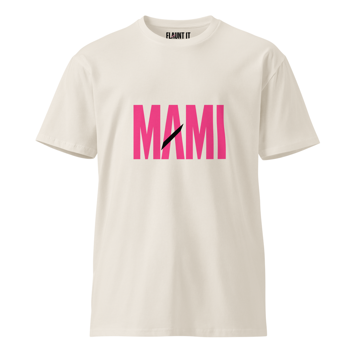Flaunt It premium unisex crew neck tee in off-white cotton with pink MAMI graphic print and black diagonal slash.